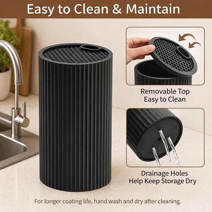 Small Knife Block Set, Modern Kitchen Knife Scissors with Universal Round Holder, Home Apartment New Kitchen Essentials, Space Saving, Dishwasher Safe(Black, 7PCS)