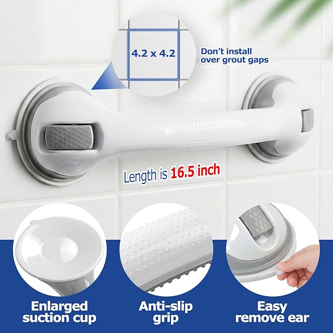Grab Bars for Shower, 3 Pack Suction Cup Shower Handle with Textured Grip, 16.5 Inch Removable Bath Handrails for Seniors, Elderly and Handicap, Drill-Free Balance Support for Smooth Tile