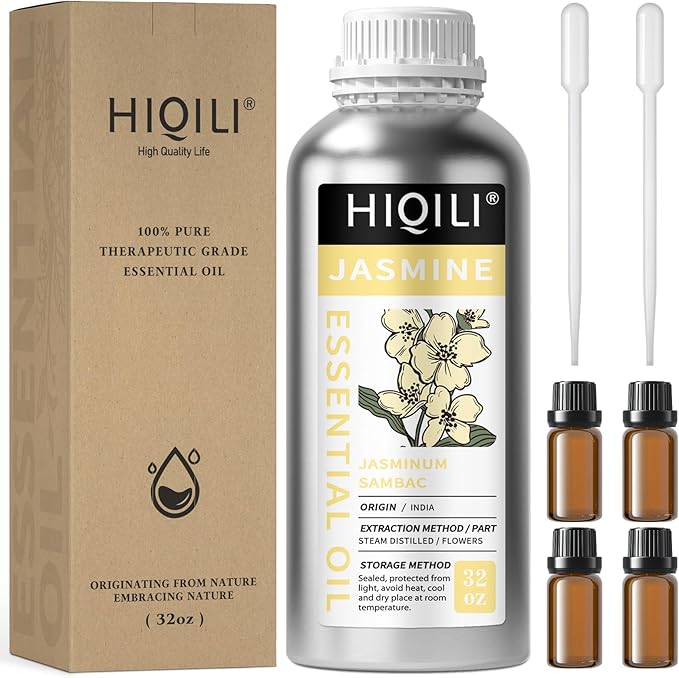 HIQILI Jasmine Essential Oil, Pure & Natural Jasmine Oil for Diffuser, Perfume, Shampoo, Aromatherapy-32 Fl Oz/1000 ML