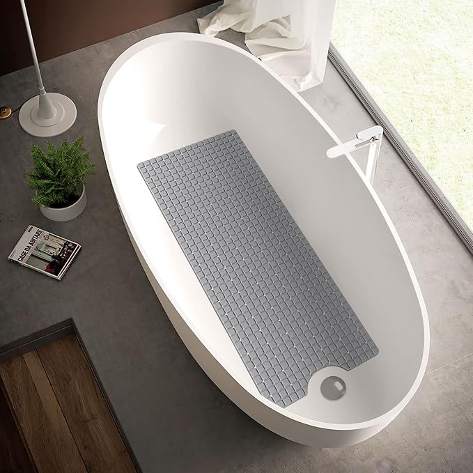 DEXI Bathtub Mat Non Slip, Extra Long 39x16, Suction Cups, Drain Holes, Machine Washable for Tub Shower Floor, Grey