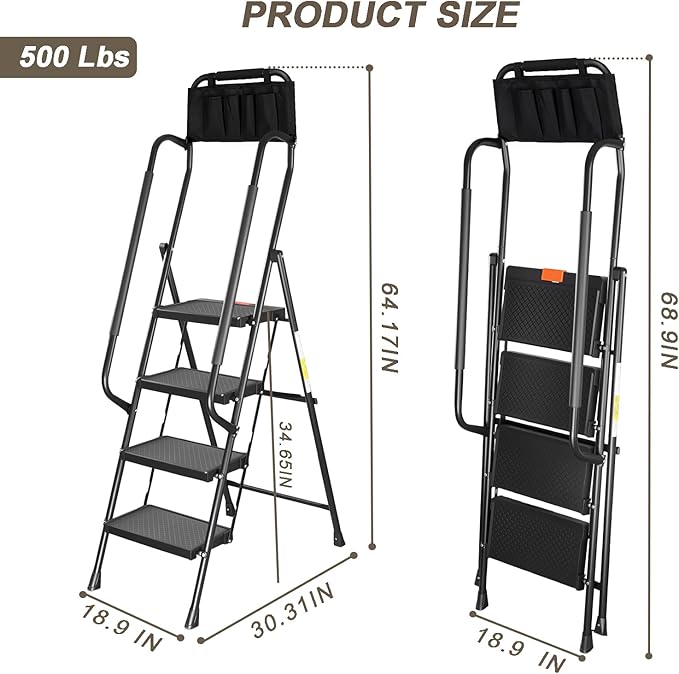 Valeo 4 Step Ladder with Handrails,500 Lbs Capacity,Folding Step Stool Ladder with Attachable Tool Bag,Lightweight & Storage Step Ladder 4 Step Folding,Multi-use for Home,Kitchen,Office,Black