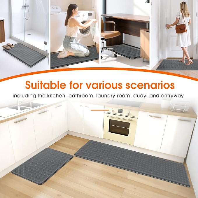 TranquilRelax Kitchen Mats, 2PCS Kitchen Rugs, Cushioned Anti Fatigue Kitchen Mats for Floor, Non-Slip Standing Desk Mat, Waterproof Kitchen Rug Set for Kitchen Floor Office,17.3"×30"+17.3"×59" Grey