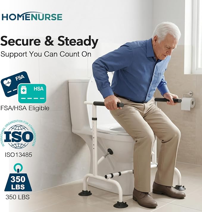 HOMENURSE Toilet Safety Rails for Seniors, Heavy Duty Toilet Safety Frame with Adjustable Height & Width, 350 lb Toilet Handles for Elderly and Disabled, Handicap Grab Bars