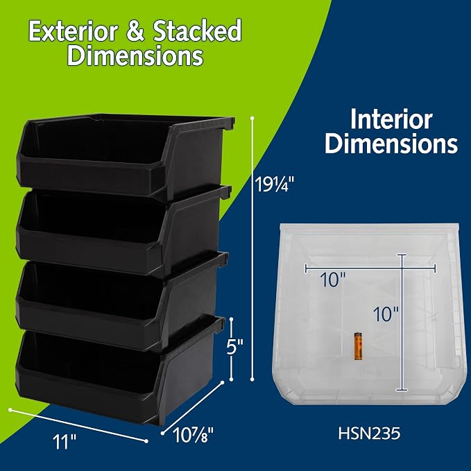 ReadySpace Plastic Containers for Organizing and Storage Bins for Drawers, Desks, Office Organization, and Garage, Stackable Bins, Medium-Wide (5" x 11" x 11"), 4-Pack, Black