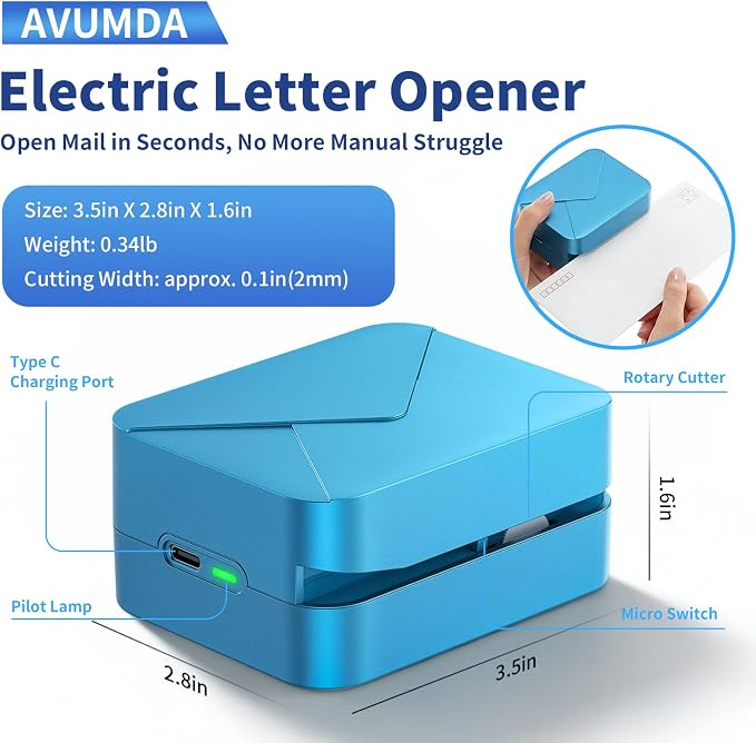 Rechargeable Electric Letter Opener Mail Opener Letter Openers Envelope Slitter Automatic Letter Opener Portable & Safe Blade Design, Universal Envelope Efficient Tool for Office Home (Blue)