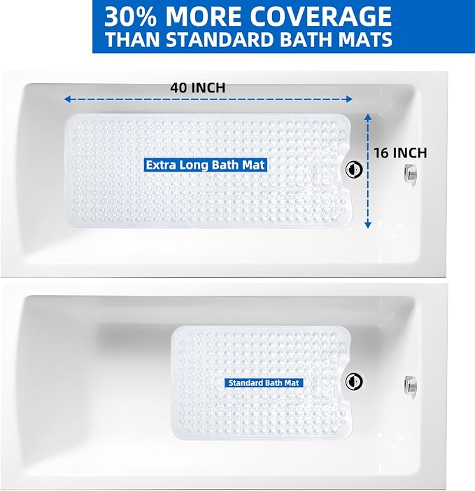 MOONFLY Shower and Bathtub Mat,40x16 Inches,Extra Long Non Slip Mats with Suction Cups and Drain Holes, Machine Washable and Anti Slip Bathmats, Bathroom Mats for Tub Nonslip (Clear)
