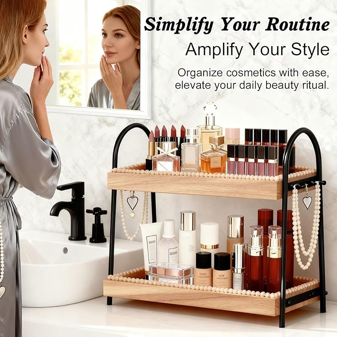 2-Tier Vanity Organizer Countertop for Perfume & Makeup, 17.3" Wooden Tray with 8 Jewelry Hooks for Dresser Bedroom, Elegant Skincare Storage Shelf for Women Coffee Bar Kitchen (Light Brown & Black)