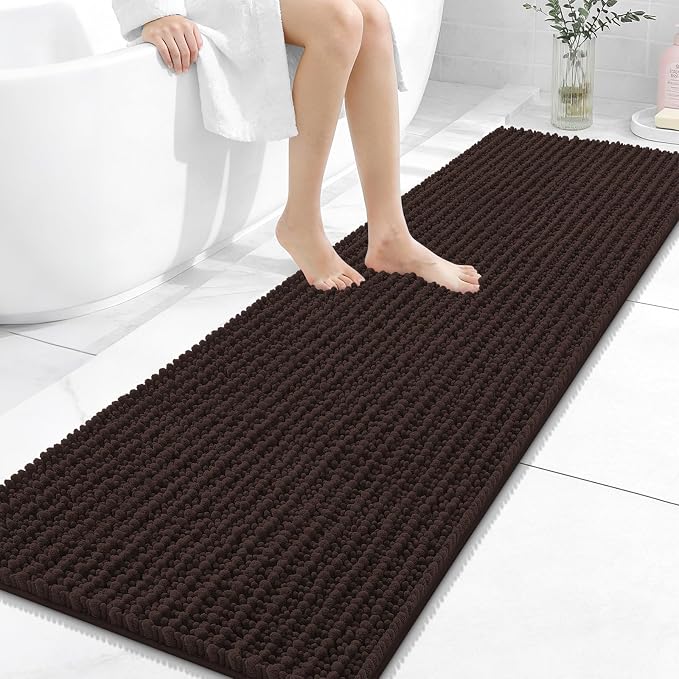 OLANLY Long Bathroom Rugs Runner 59x20, Thick Soft and Absorbent Chenille Bath Mat, Non-Slip, Machine Washable Quick Dry Bath Rugs for Tub Shower Floor, Home Decor Accessories, Brown