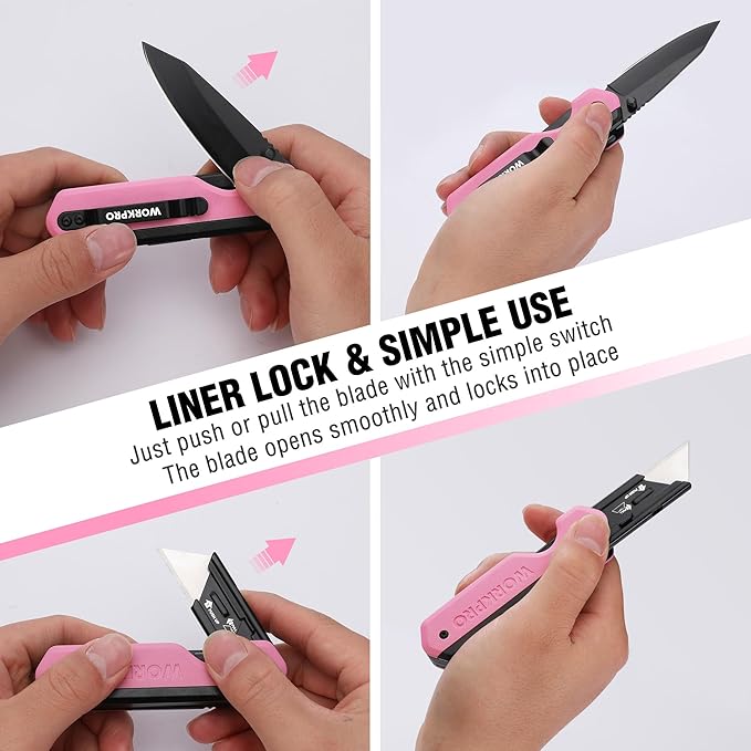 WORKPRO 2-in-1 Folding Knife/Utility Knife, Quick-Change Box Cutter with Belt Clip, Liner Lock, and G10 Handle, Extra 10 SK5 Blades Included - Pink Ribbon