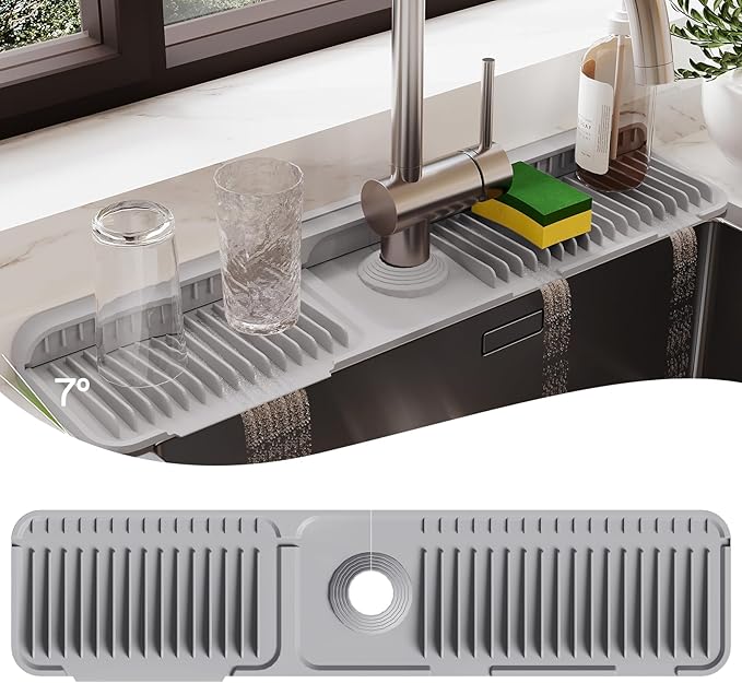 24 Inch Silicone Faucet Mat for Kitchen Sink Splash Guard – 2025 Upgraded Draining Mat with Water Tray Behind Faucet – Countertop Protectors to Catch Spills (Gray, 24" x 5.5" )