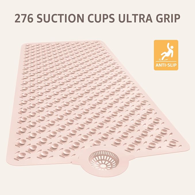 OTHWAY Bath Mat for Tub Non Slip: 39" X 17" Long Bathtub Mat with Hair Catcher│Big Drain Holes Shower Mats for Inside Shower│Machine Washable (Pink)