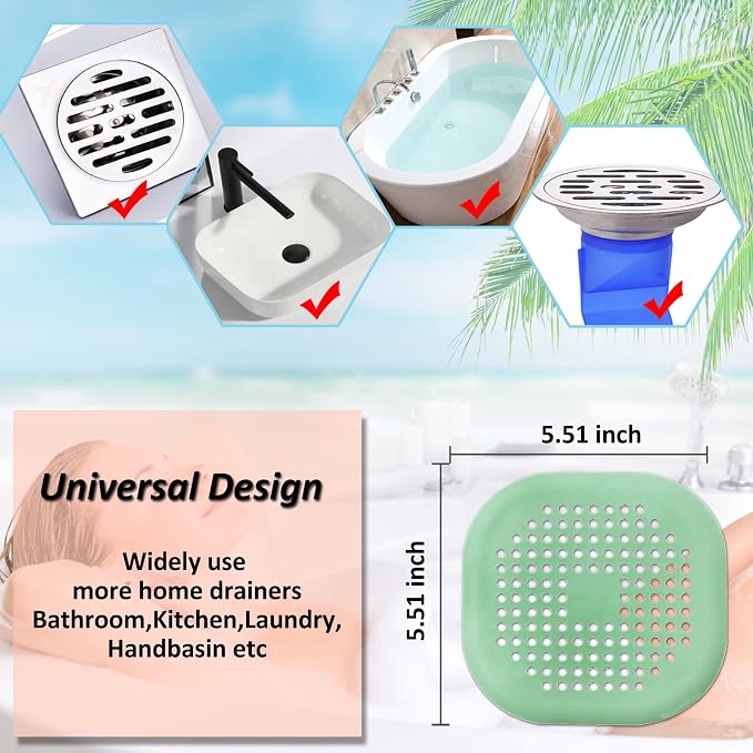 Hair Drain Catcher,Square Drain Cover for Shower Silicone Hair Stopper with Suction Cup,Easy to Install Suit for Bathroom,Bathtub,Kitchen 2 Pack (Green)