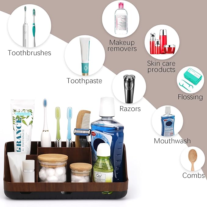 GFWARE Wood Toothbrush Holders for Bathrooms Countertop Organizer - Detachable 7 Slots Kid Bathroom Decor and Accessories, Wooden Bathroom Sink Storage Organization, Caddy, Tray, Brown