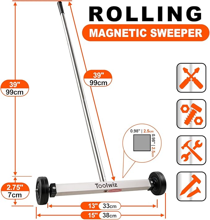 Toolwiz Magnetic Pick Up Sweeper 15-inch Heavy Duty Magnet Pickup Lawn Sweeper Roofing Tools, 10 Lbs Yard Tools Smooth Wheels to Clean Nails Adjustable Handle for Construction