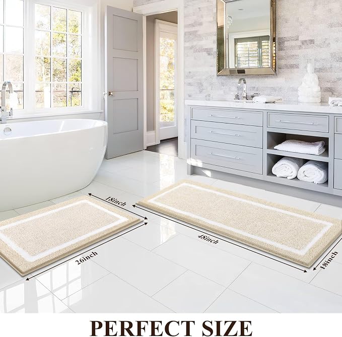 Pauwer Bathroom Rugs Sets 2 Piece, Non Slip Bath Mats for Bathroom, Absorbent Bath Rugs Floor Mat, Machine Washable Shower Rugs for Bath Floor, Tub and Shower, Light Beige
