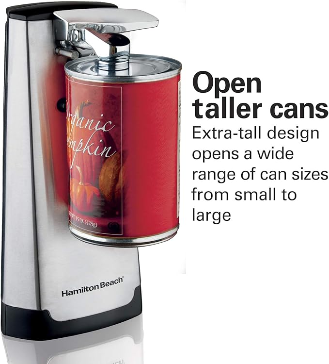 Hamilton Beach Extra-Tall Electric Automatic Can Opener with Easy-Clean Detachable Cutting Lever, Cord Storage, Knife Sharpener, Brushed Stainless Steel (76700)