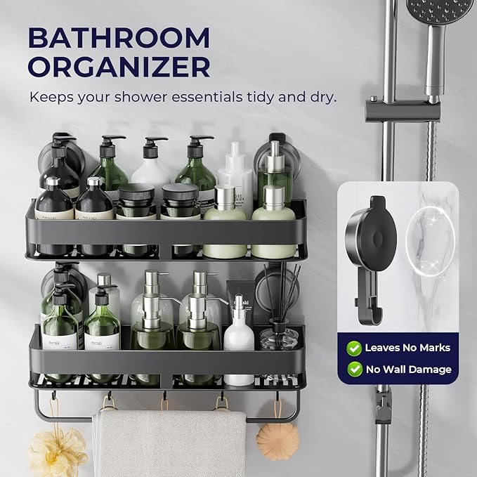 Shower Caddy Suction Cup,2 Pack Extra-strong Suction Shower Shelves,No Drilling Rustproof Organizer for Bathroom,Kitchen,Home Decor,Reusable Bathroom Storage with Large Capacity(11.8 inch)