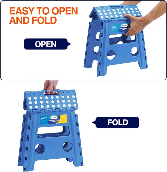 Korpai 13" Folding Step Stool for Adults and Kids Holds Up to 300 lbs,Non-Slip Folding Stools with Portable Handle, Compact Plastic Foldable Step Stool for Bathroom,Bedroom, Kitchen,Sky Blue,1PC