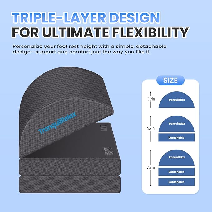 TranquilRelax Foot Rest for Under Desk at Work, Gaming Accessories Foot Stool with 3 Adjustable Heights & Washable Cover, Comfortable Office Desk Accessories, Footrest for Office, Home and Car (Gray)