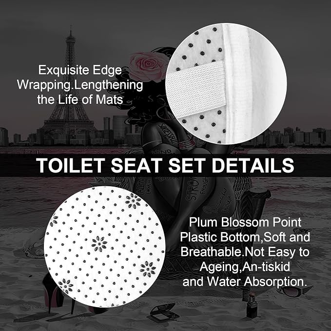 4Pcs Black Girls Bathroom Sets with Shower Curtain and Rugs, African Shower Curtain Set for Women, Eiffel Tower Pink Pattern Waterproof Fabric with 12 PCS Hooks, Cortina de baño Set completo