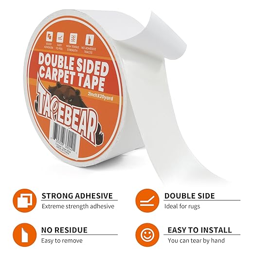 TAPEBEAR Double Sided Carpet Tape 2Inch x 20Yards x 2Rolls, Heavy Duty Rug Tape Residue-Free Carpet Gripper for Area Rugs, Wood, Floor, Multipurpose Gripper Non Slip Tape, White