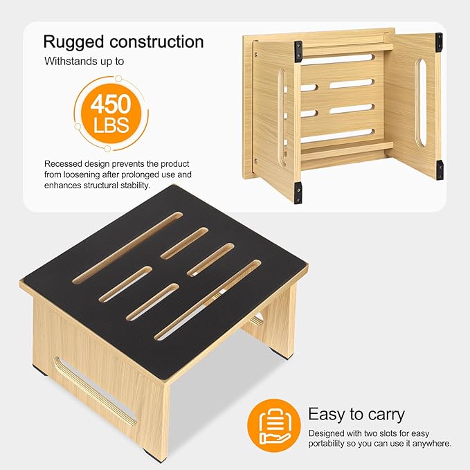 One Step Stool for Adults Seniors with Non-Slip Rubber Step Surface, Heavy Duty Wooden Stepping Stools with 450 LBS Capacity for Bedroom Kitchen Bathroom, Bed Steps for High Beds, Bedside Support