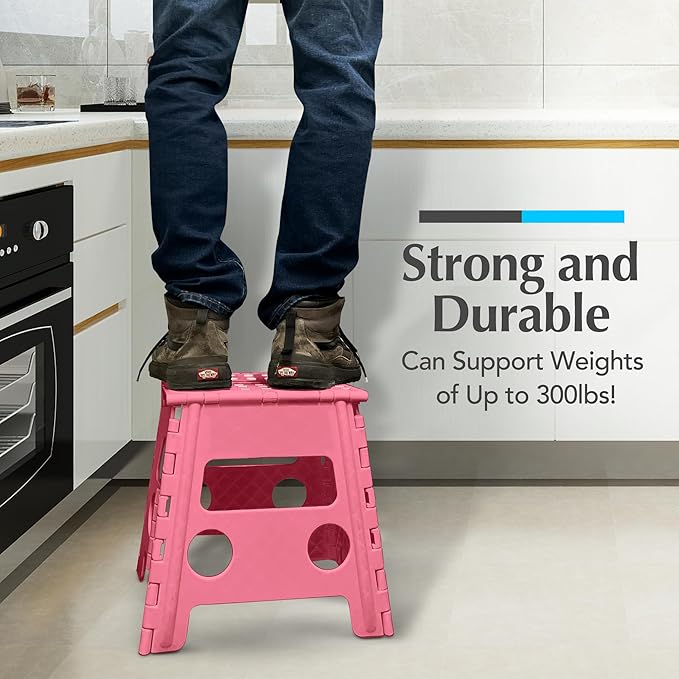 Handy Laundry Folding Lightweight Step Stool - Sturdy Enough to Support Adults - Opens Easy with One Flip - Great for Kitchen, Bathroom or Bedroom (Pink - 13 Inch)