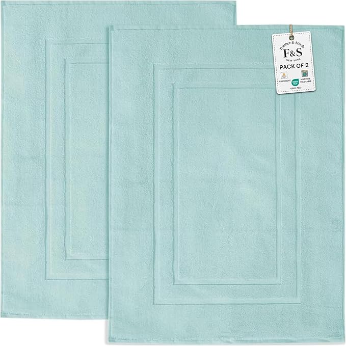 Feather & Stitch 2 Piece Towel Like Bath Mats (30x21 Inch) 100% Cotton Terry Bath Mats, Bathroom Shower Floor Mats [NOT A Bathroom Rug], Soft Absorbent Washable Mats - Sea Foam