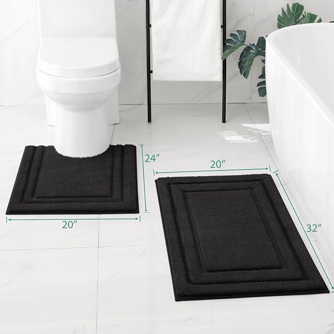 HOMEIDEAS Bathroom Rugs Sets 2 Piece, Super Soft and Absorbent Non Slip Microfiber U-Shaped Toilet Bath Mat Set (20"x32"+U20 x24, Black)