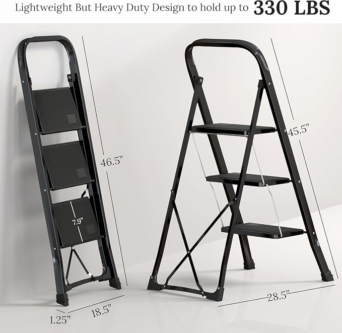 3-Step Ladder with Wide Anti-Slip Platform & Thick Rubber Feet | Heavy Duty Foldable & Portable | 330 lbs Capacity, Steel Frame, Rubber Handgrip, Folding Step Stool
