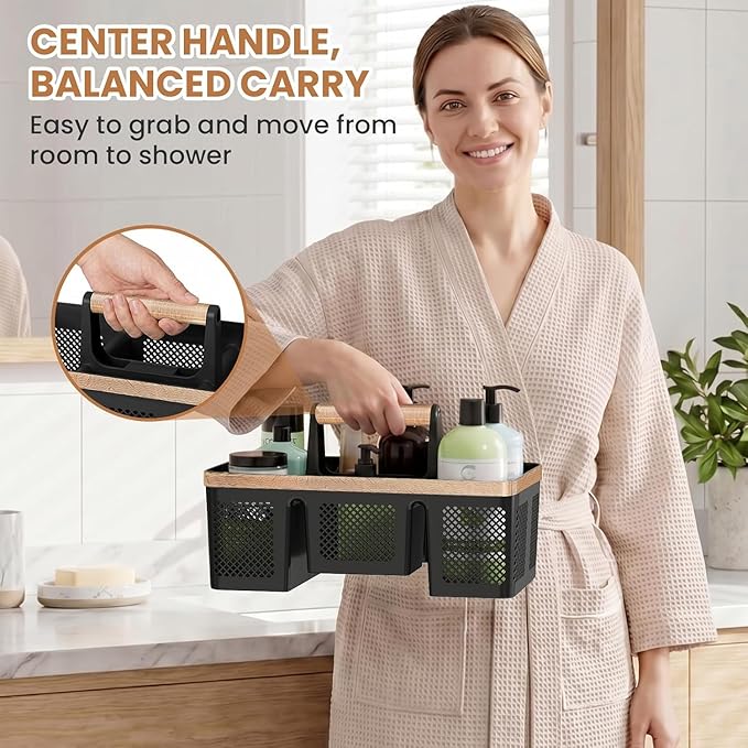 BYUNER Plastic Shower Caddy Dorm: Portable Hard Shower Basket with Handle, 4 Divided Compartments, All-Side Drainage, Bathroom & Cleaning Caddy for College Dorm Room Essentials, Black/wood grain