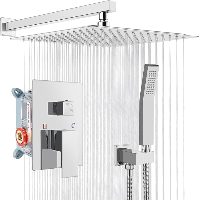 gotonovo Rainfall Bathroom Shower System Rain Shower Head and Handle Set Wall Mounted Shower Complete Combo Solid Brass Pressure Balancing Shower Mixer Valve 16 Inch Polished Chrome
