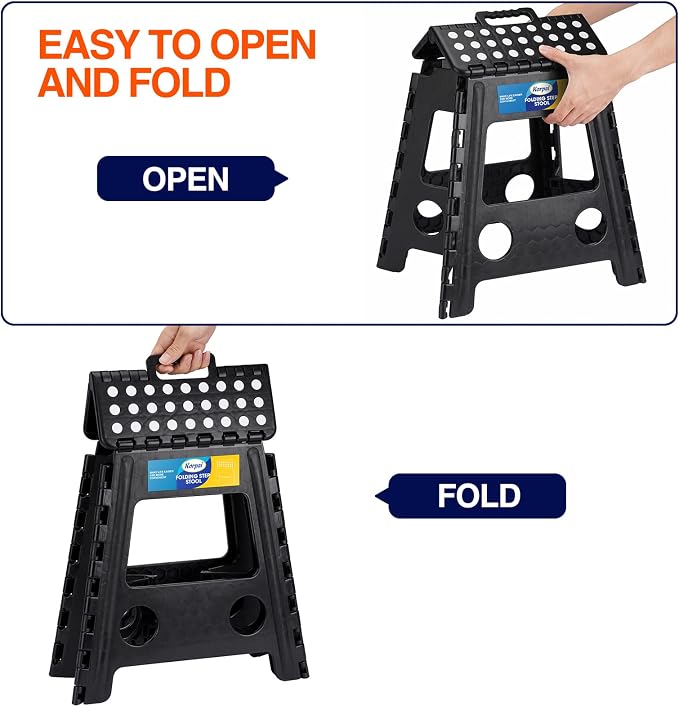 Korpai 16" Folding Step Stool for Adults and Kids Holds Up to 300 lbs,Non-Slip Folding Stools with Portable Handle, Compact Plastic Foldable Step Stool for Bathroom,Bedroom, Kitchen, Black,1PC