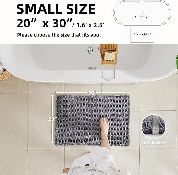 TYUU Waffle Bath Mat, Boho Bathroom Rugs Non Slip Washable Super Absorbent Quick Dry Bath Mat Farmhouse Bathroom Decor, 30"x20" Grey