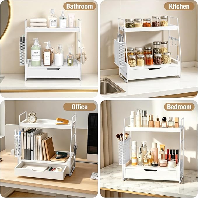 2-Tier Bathroom Counter Organizer with Drawer and Removable Basket, Wood Vanity Countertop Storage for Perfume, Makeup, Skincare, Bathroom Counter Shelf, 13" x 7.9" x 14.5", White