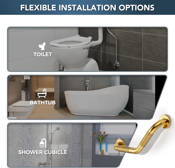Grab Bars for Bathtubs and Showers- 1-1/4 x 16 Angled Shower Grab Bar for Seniors Knurled Stainless Steel Handicap Grab Bars for Wall (Gold, 1 Pack)