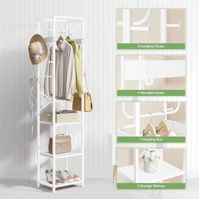 ELYKEN Coat Rack Freestanding, Hall Tree with 3 Storage Shelves and 12 Hooks, Industrial Clothes Rack Stand Organizer for Bedroom, Hallway, Entryway, Office, Living Room, White