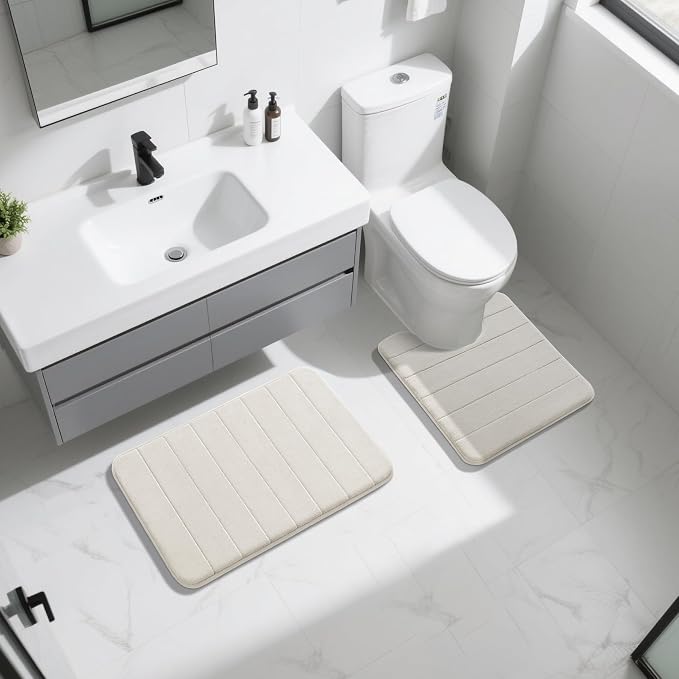 Yimobra Memory Foam Bath Mat Set 2 Piece - Super Soft Absorbent Quick Dry Bathroom Toilet Rugs, Machine Washable Non Slip Floor Carpet for Tub Shower & Single Sink (31.5x20 & 24x20, Cream White)