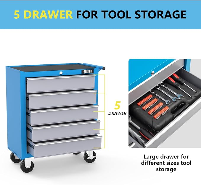 TUFFIOM 5-Drawer Rolling Tool Chest w/Drawers & Lock, Tool Storage Cabinet with Lockable Wheels, Top Cushion & Drawer Liners, Tool Organizer Box for Garage, Warehouse & Repair Shop
