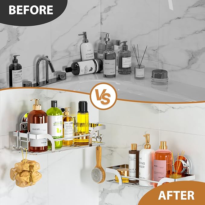 LEVERLOC Shower Caddy Suction Cup 2 Pack, Shower Shelf for Inside, Large Capacity Bathroom Organizers and Storage, Rustproof & Waterproof Metal Bath Basket, Silver