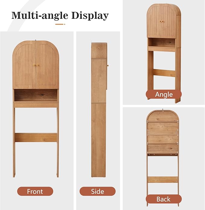 Over the Toilet Storage Cabinet, 70" Tall Bathroom Space Saver with Fluted Grooved Doors, Freestanding Over Toilet Organizer with Adjustable Shelves & Soft-Close Hinges for Small Bathrooms (Caramel)