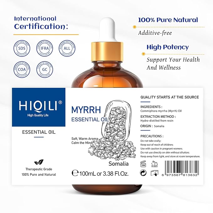 HIQILI 100ML Myrrh Essential Oil for Skin, Diffuser & Candle, 100% Pure and Natural - 3.38 Fl Oz