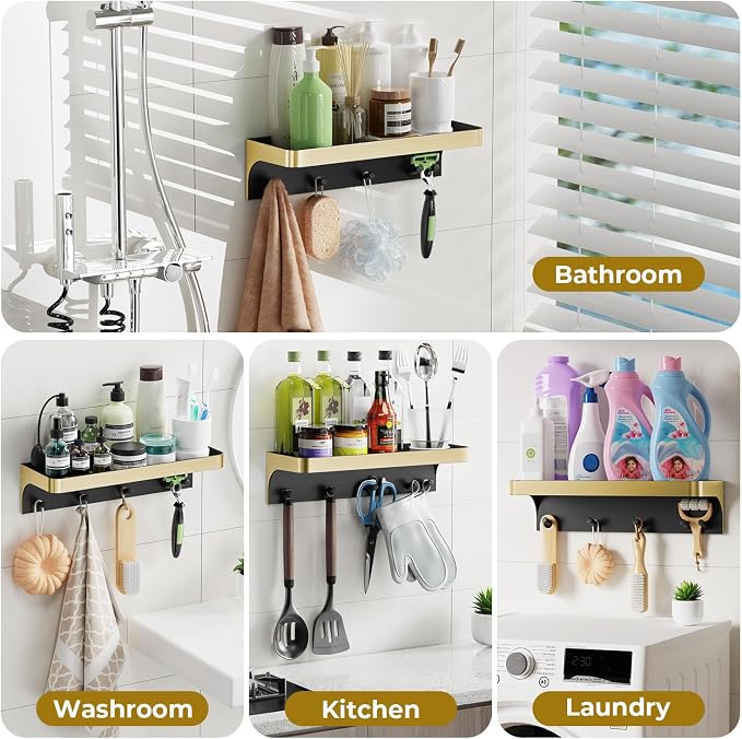 Shower Caddy Adhesive, Shower Shelve for Inside Shower, Bathroom Organizers and Storage for Accessories Holder, Rustproof Bathroom Wall Shower Rack Organize with 5 Hooks, No-drill, Gold