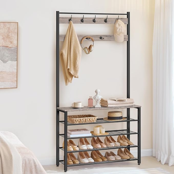 HOOBRO Hall Tree, Coat Rack with Shoe Rack, 39.4" Hall Tree with Bench, 5 Tier Shoe Storage Organizer with 9 Hooks for Entryway, Closet, Sturdy, Industrial, Greige and Black BG801MT01