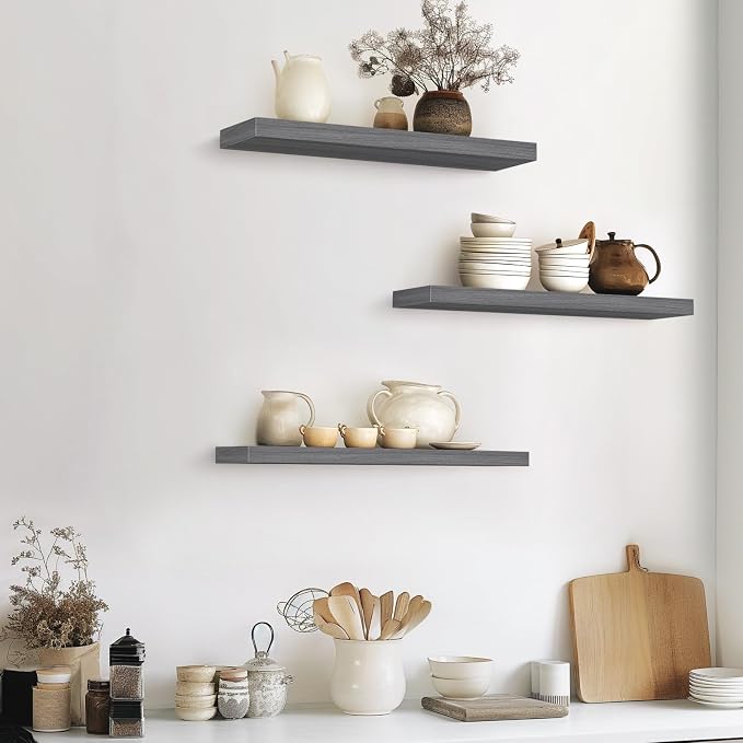 BAYKA Floating Shelves for Wall Grey, Set of 3, Wall Mounted Rustic Wood Shelves for Bathroom, Bedroom, Living Room, Kitchen, Hanging Shelf for Books/Storage/Decor with 22lbs Capacity, Black, 22.5in