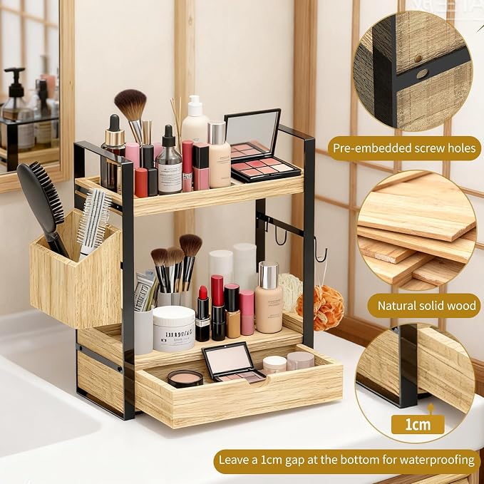 2-Tired Bathroom Counter Organizers and Storage, Bathroom Countertop Organizer with Drawer, Solid Wood Skincare Perfume Organizer for Vanity Kitchen Corner Shelf Office Countertop (Light Brown)