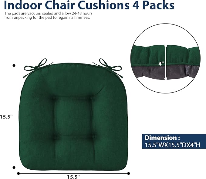 IASEAHK Chair Cushions for Dining Chairs, Seat Cushions for Kitchen Chairs, Indoor Seat Cushions with Ties, Tufted Foam Chair Pads, Non Slip Chair Cushions Set of 6, 15.5" x 15.5" x 4", Dark Green