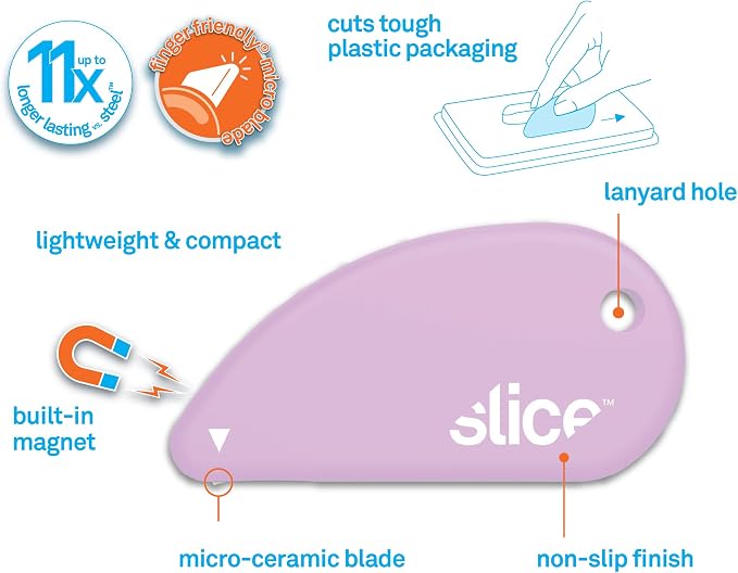Slice Micro Safety Cutter | Safe Ceramic Box Cutter Lasting 11x Longer than Metal | Keychain Box Opener | Combo Pack | Sky + Lavender