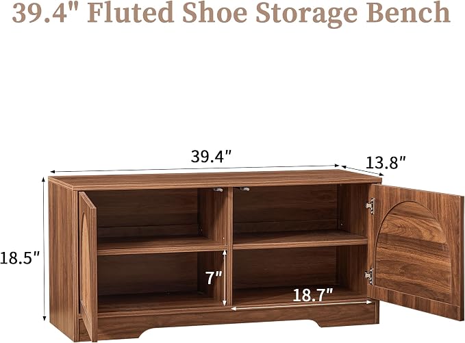 BERRYMERRY 39.4" Fluted Shoe Storage Bench for Entryway,2 Tier Shoe Cabinet Bench with Adjustable Shelf,Bench for Bedroom End of Bed (Walnut, 13.8”D x 39.4”W x 18.5”H)