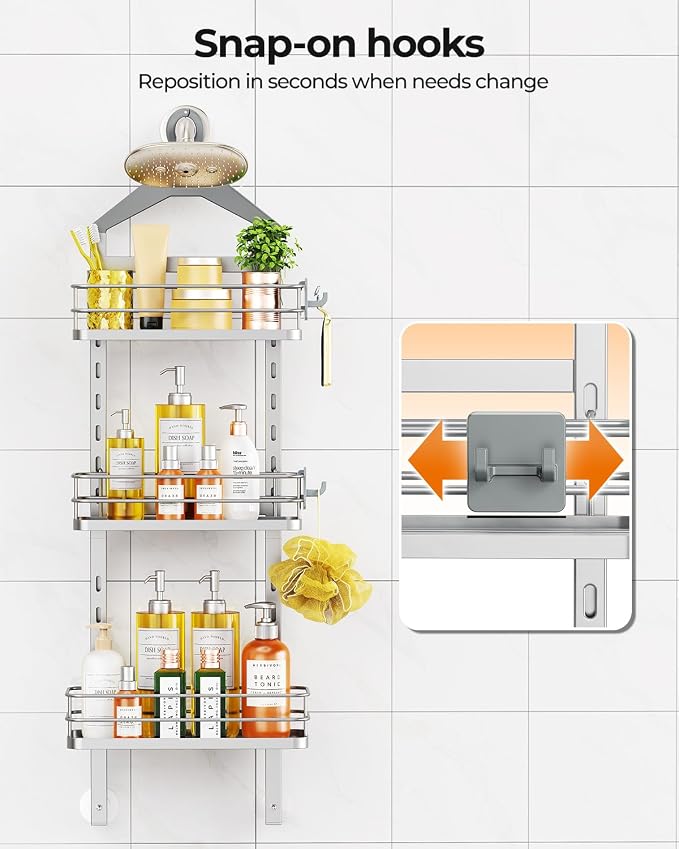 ODesign 3 Tier Height-Adjustable Shower Caddy Hanging Anti-Swing-Over The Shower Head Caddy-Storage Organizer Bathroom Shelves Basket-Silver